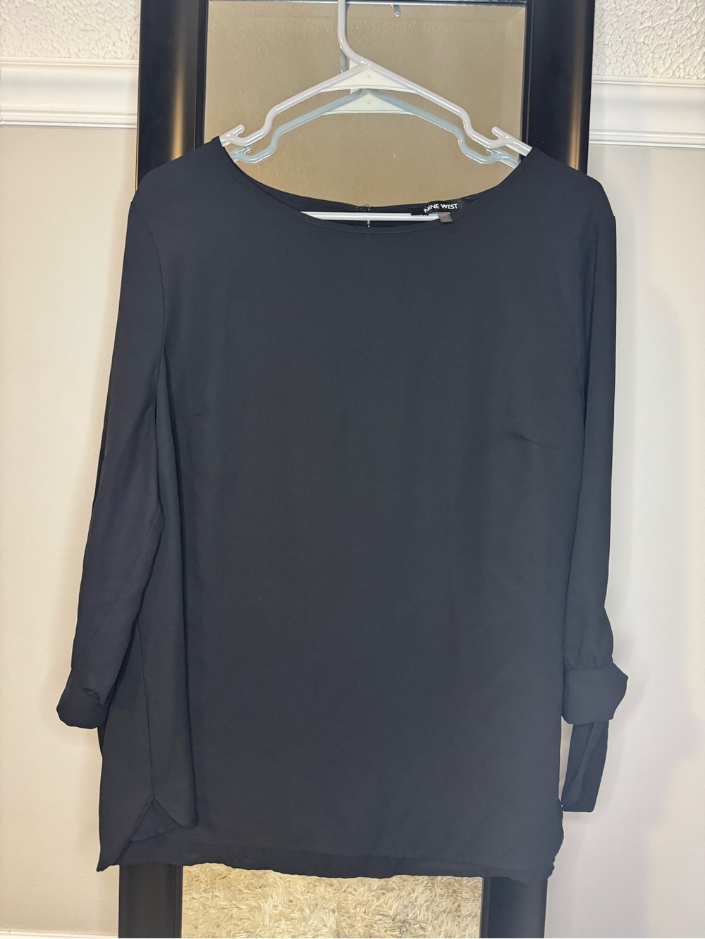 Nine West Women’s Black Boatneck Blouse with 3/4 Sleeve Bow Detail Size XL
